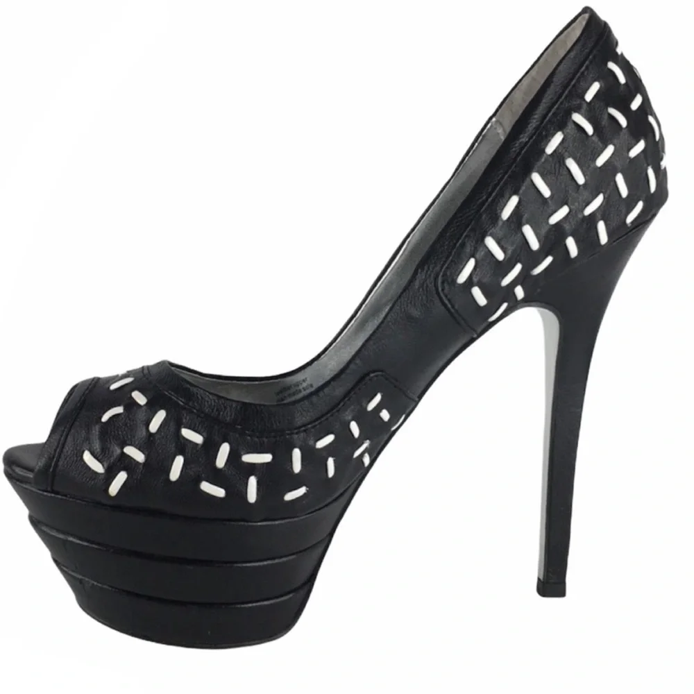 Y2K Bebe Platform Womens 8 Leather Black Stiletto Platform Leather Black Heels